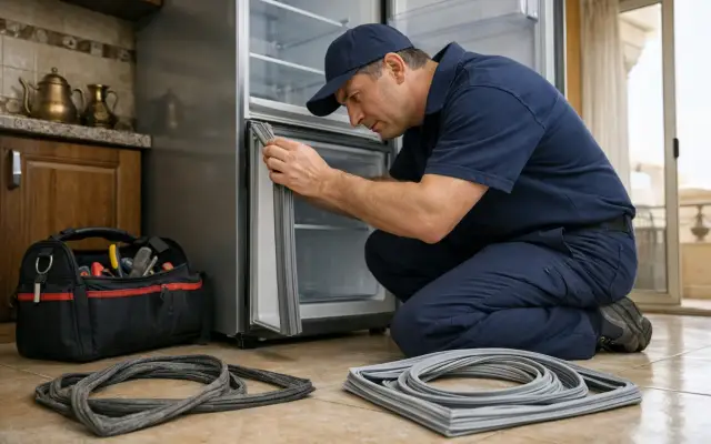 Illustration: a technician inspecting a Smeg refrigerators