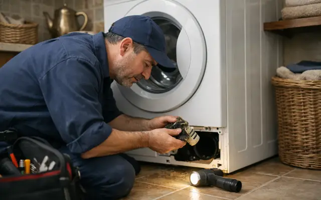 Illustration: a technician inspecting a Smeg washing machines