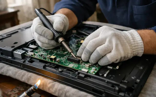 Illustration: a technician inspecting a Sony tvs