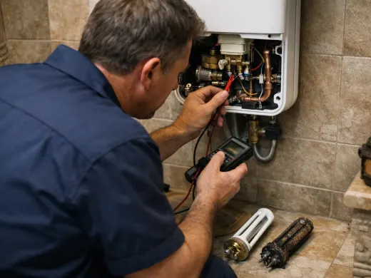 Illustration: a technician inspecting a Stiebel Eltron appliance