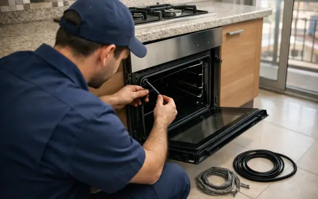 Illustration: a technician inspecting a Thomson built-in appliances