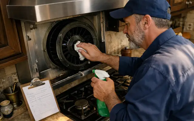 Illustration: a technician inspecting a Thomson range hoods