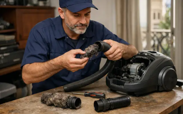 Illustration: a technician inspecting a Hoover vacuum cleaners