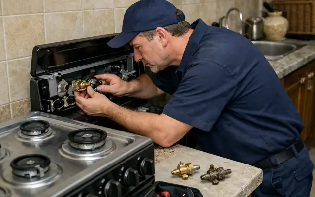 Illustration: a technician inspecting a White Point stoves & cookers